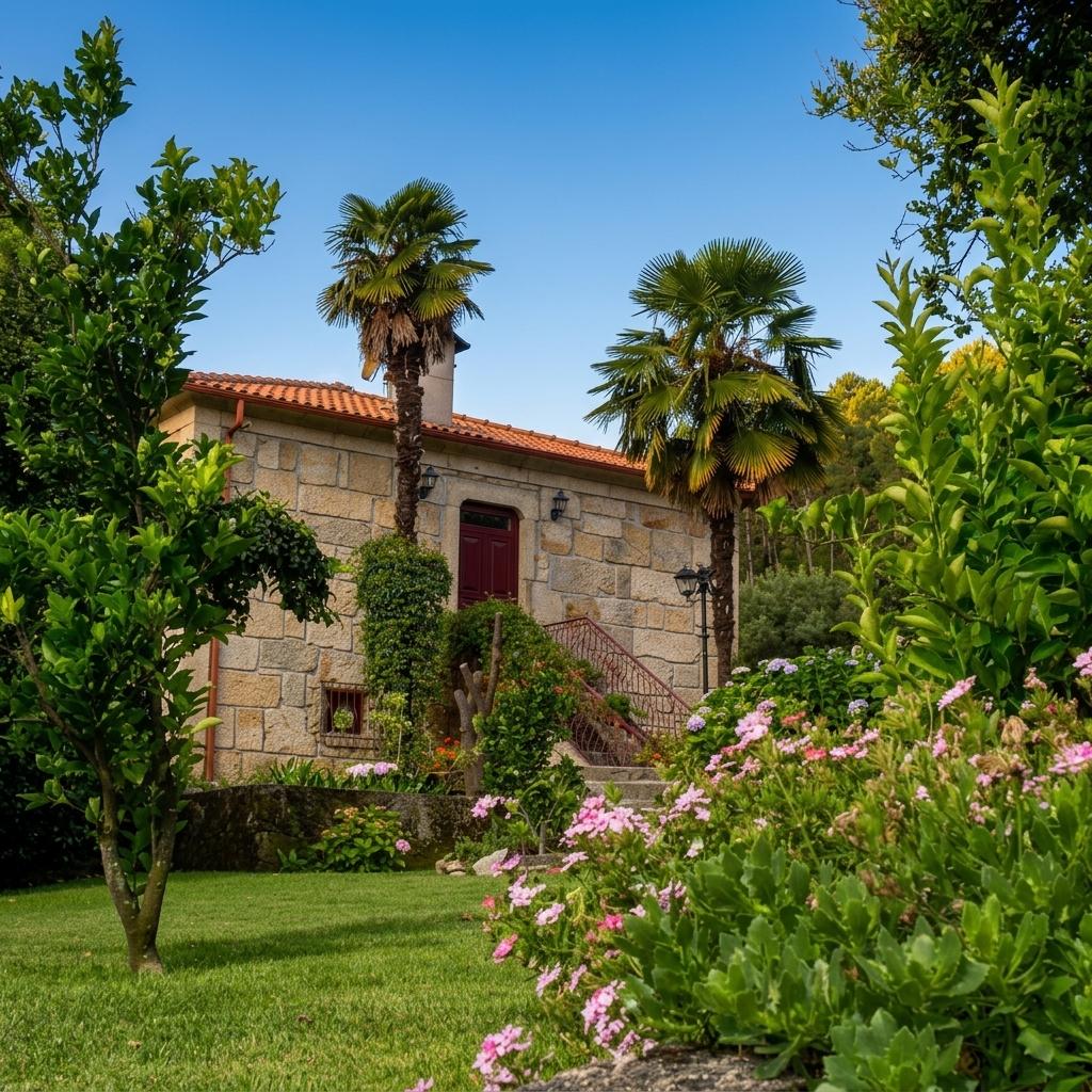 A casa de granito vista de baixo do jardim, entre palmeiras, laranjeiras e canteiros floridos