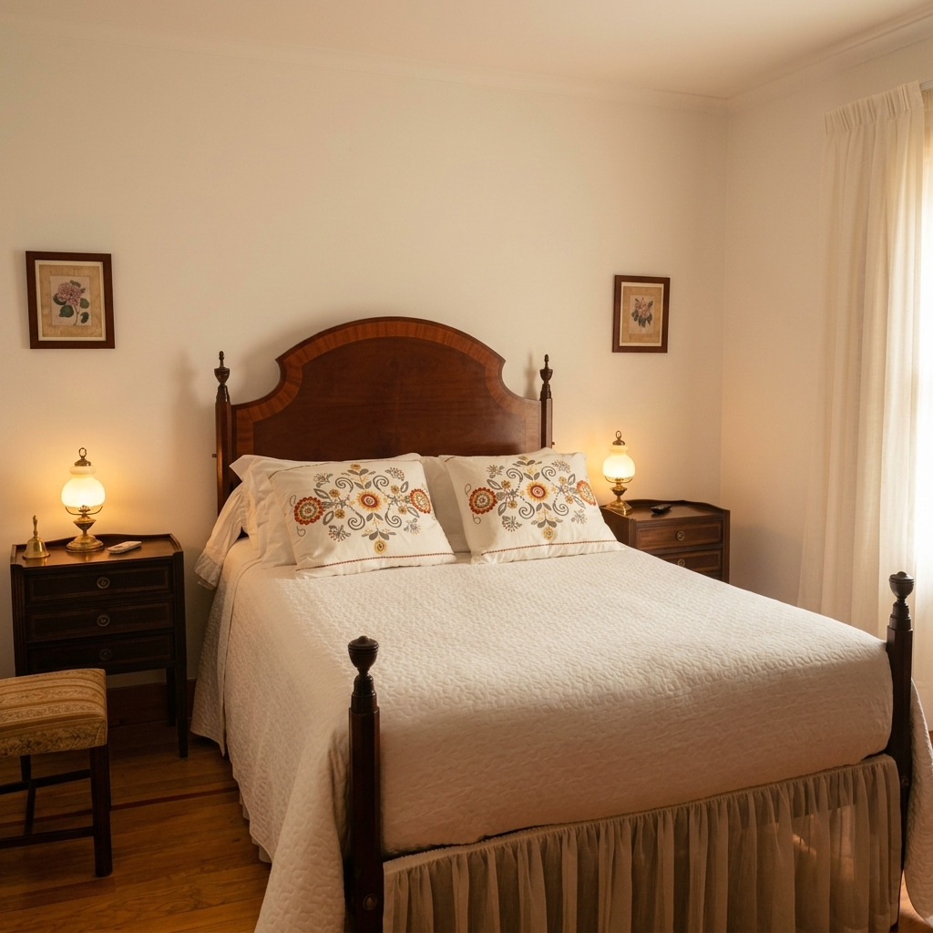 Quarto Duplo com cama de casal de cabeceira de madeira, almofadas bordadas e candeeiros acesos nas mesas de cabeceira.