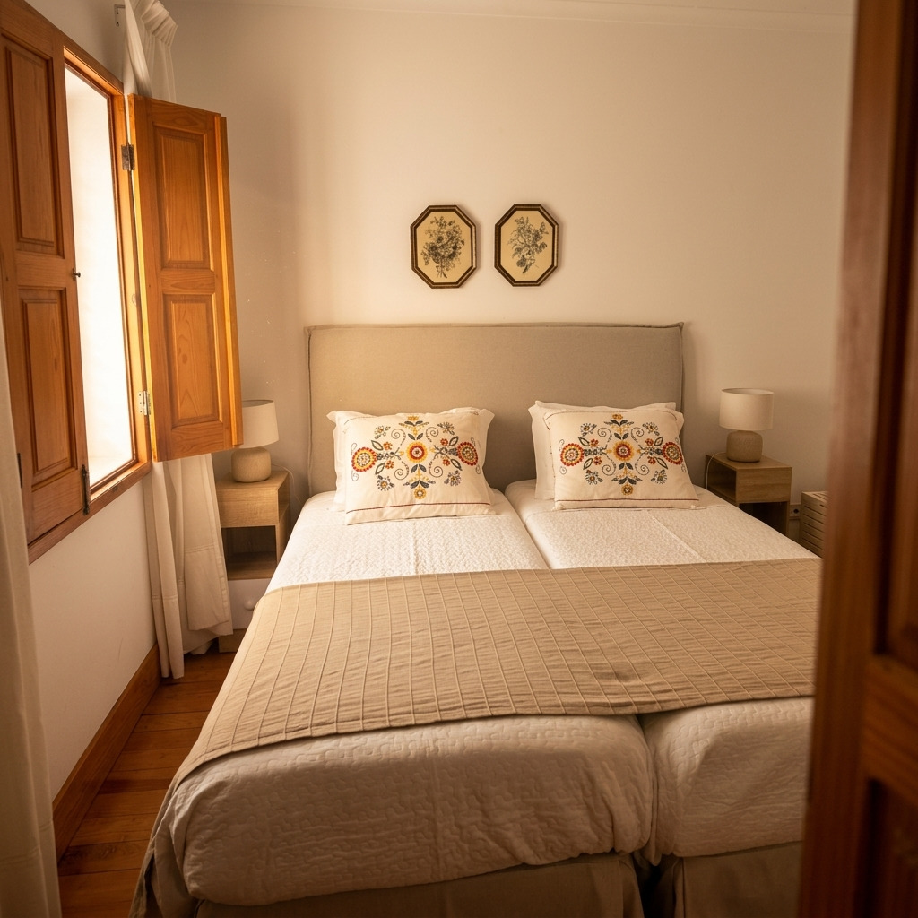 Quarto Twin com duas camas individuais juntas, almofadas bordadas e janela com portadas de madeira abertas.