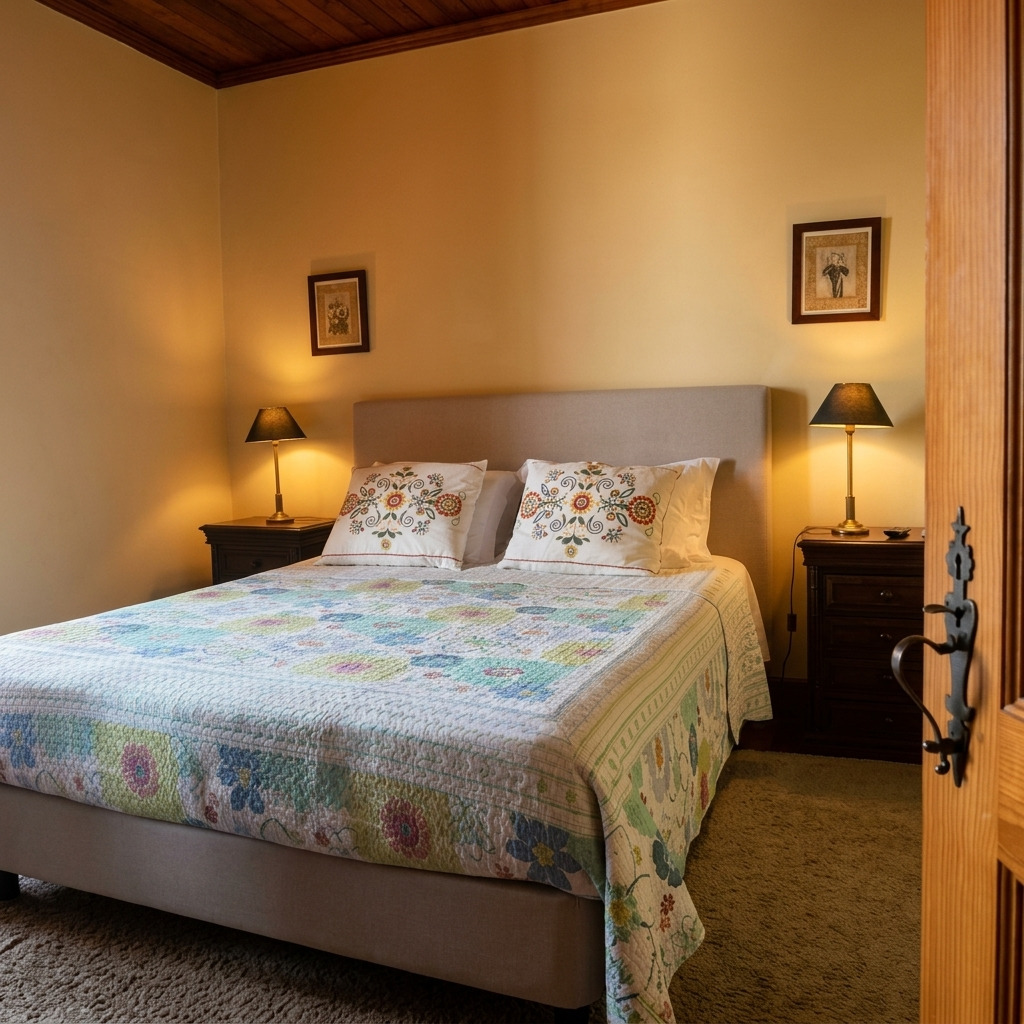 Suite com cama de casal, colcha florida, candeeiros acesos e paredes amarelas quentes.