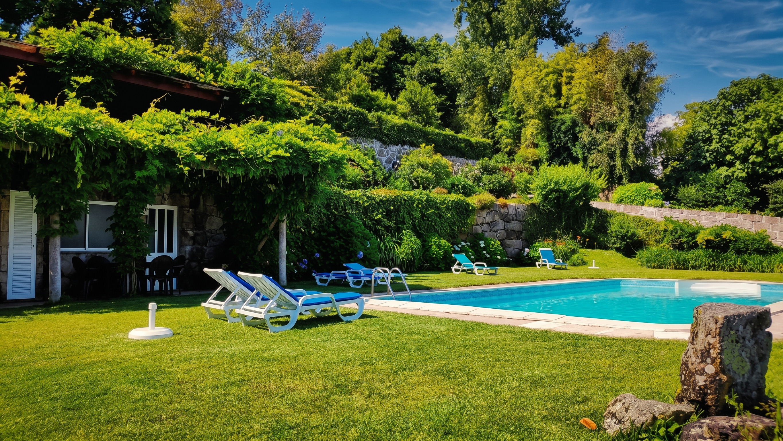 A piscina da Quinta de Canhões entre o relvado, as espreguiçadeiras e a ramada da casa